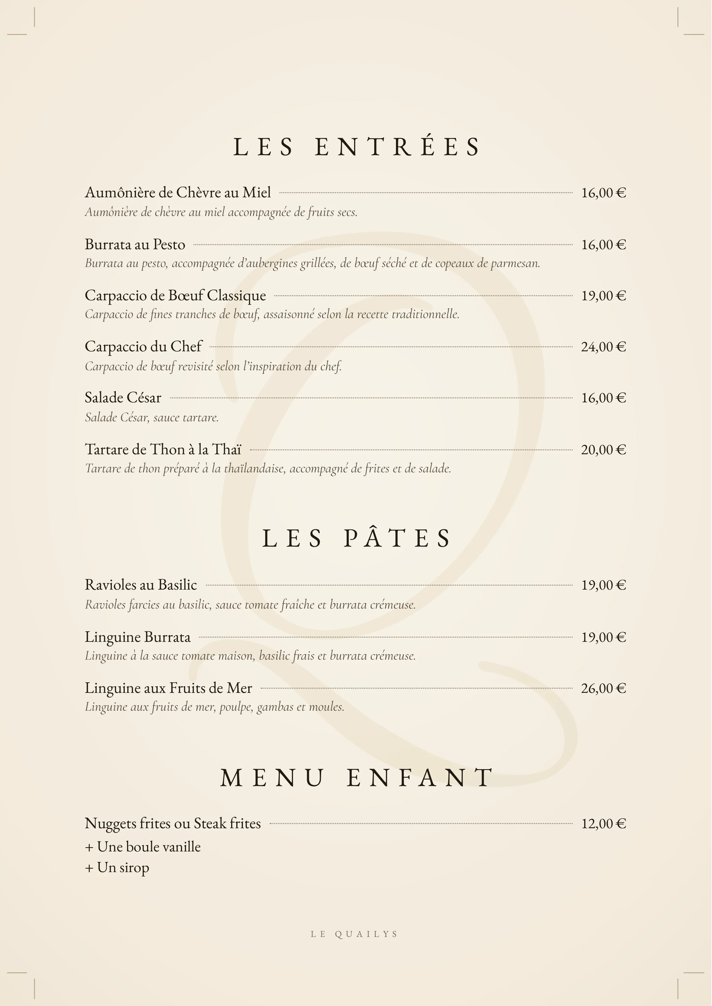 Le menu du Quailys, page 1 : entrées, pâtes et menu enfant, avec leurs prix