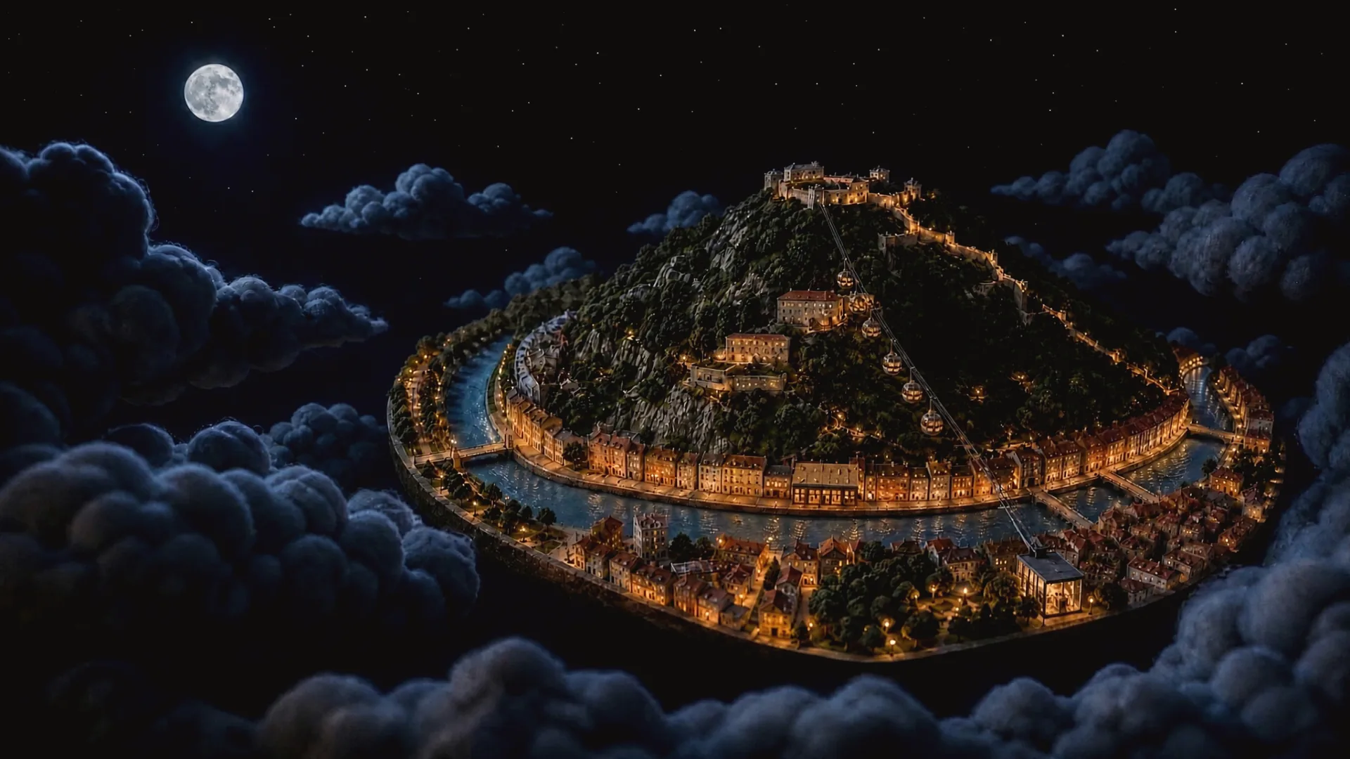 Le Quailys en miniature, vu du ciel de nuit : le quai, l’Isère, la Bastille et les bulles du téléphérique, avant l’arrivée devant l’entrée